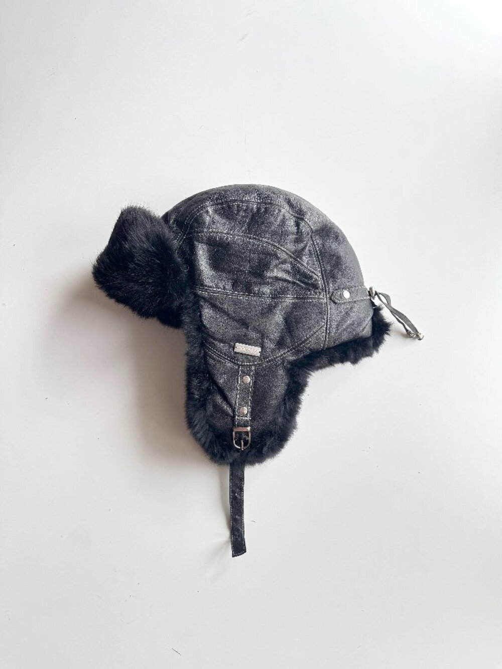 GKSII Black Goatskin Leather Trim Rabbit Fur Lined Hunting Trapper Hat, Size L